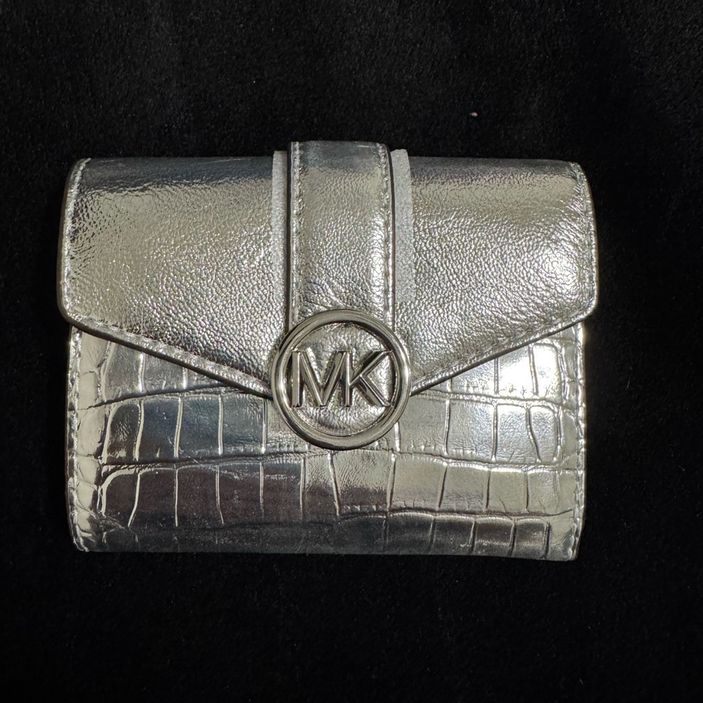 Michael Kors Metallic Silver Croc-Embossed Compact Wallet